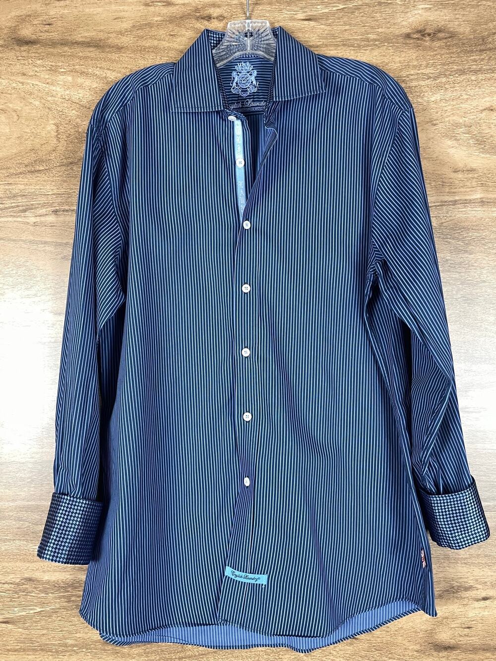 English Laundry Mens Dress Shirt 16 34/35 Blue Striped Flip Cuff Cotton Long Slv